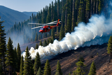 helicopter extinguishes forest fire on the slope of a fuming mountain