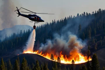Zelfklevend Fotobehang Helicopter dropping water wildfire in rugged terrain, filtered through multiple layers of smoke © irena_geo