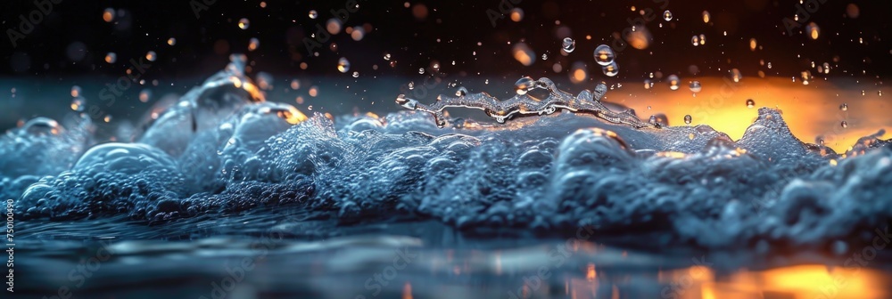 Poster a detailed and focused view of water splashing and creating ripples on a surface.