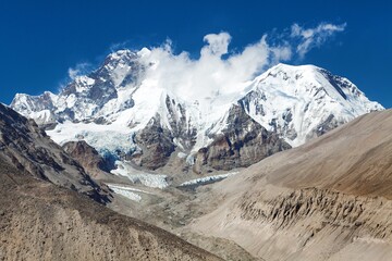 View of Everest Lhotse and Lhotse Shar from Barun valley - obrazy, fototapety, plakaty