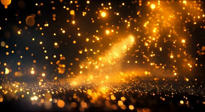 4K Gold Explosion effect. Festive Fireworks. Isolated on black background. Floating golden sparkles. Glowing Particles. Overlay. 60 fps