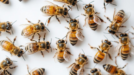 Grupa pszczół na białym tle - obrazy, fototapety, plakaty