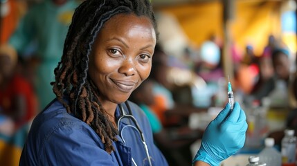 Smiling African nurse with dreadlocks holding a syringe, ready to provide vaccinations in a clinic. - obrazy, fototapety, plakaty