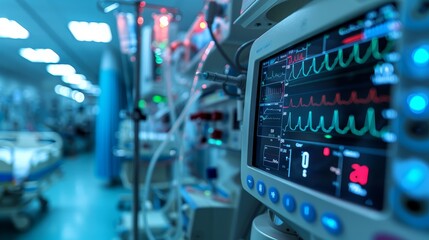 Close-up of a medical monitor displaying vital signs in an intensive care unit with blurred background. - obrazy, fototapety, plakaty