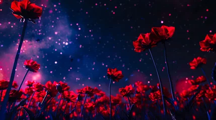 Foto op Plexiglas Paysage extraordinaire avec la galaxie dans le ciel et des fleurs rouges en premier plan © Concept Photo Studio