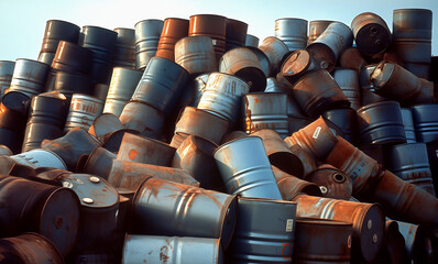 Oil drums dump. Pile of oil drums in landfill. Mound of oil drums near petrochemical plant. Oil barrels garbage at oil refinery. Gallon drum and Steel barrels for chemistry. - obrazy, fototapety, plakaty