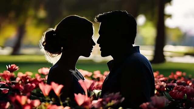 4K video animation of Lovers man and girl sitting in between flowers, looking at each other. Concept date Valentine's Day, first kiss and love, forever together.	