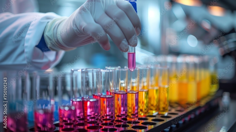 Poster a scientist in a laboratory setting carefully dispenses a pink reagent into test tubes filled with v