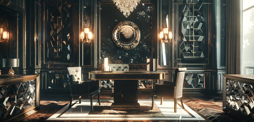 Smoky quartz-themed geometric patterns in a candlelit study room with mirrored furniture.