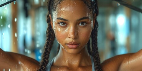 An African American woman stands under the showerhead, her braided hair wet and water cascading down her body.