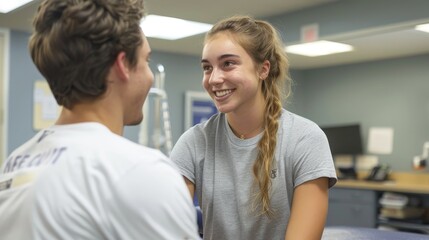 A young female patient engaging in a positive conversation with a physical therapist during a rehabilitation session.