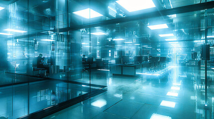 Futuristic Office Corridor, Illuminated Pathway of Technology and Innovation, Digital World Interface