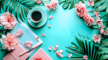Table avec café, carnet, crayon et fleurs tropicales, vue de dessus, illustration pour blog