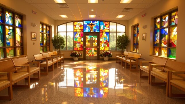 The interior of a chapel bathed in warm light, featuring wooden benches and radiant stained glass windows that cast colorful reflections on the glossy floor.