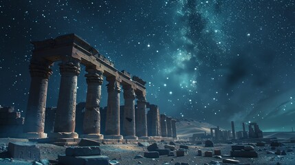 A breathtaking view of ancient Egyptian ruins standing resilient under a captivating star-studded desert night sky. - obrazy, fototapety, plakaty