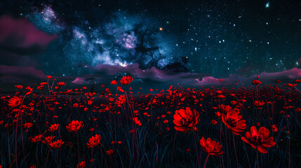 Paysage extraordinaire avec la galaxie dans le ciel et des fleurs rouges en premier plan