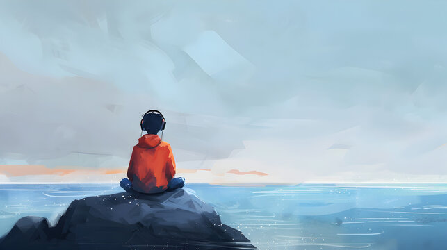 Minimalist illustration of a lonely boy sitting on a rock, looking out over a calm sea, capturing the essence of solitude with headphones



