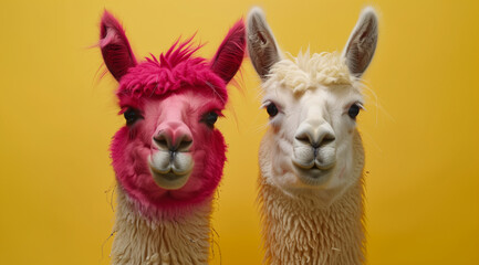 Obraz premium Two Llamas with Pink and White Wool on a Yellow Background