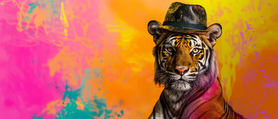 Tiger in a Glittery Hat on an Abstract Multicolored Background