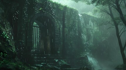 Obraz premium Abandoned Stone Wall with Gate in Misty Forest