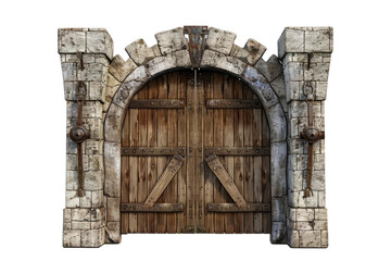 Medieval-style stone gate with robust iron reinforcements on wooden doors with intricate stonework isolated on white background