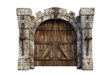 Medieval-style stone gate with robust iron reinforcements on wooden doors with intricate stonework isolated on white background