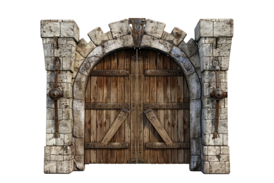 Medieval-style stone gate with robust iron reinforcements on wooden doors with intricate stonework isolated on white background