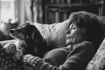 Elderly woman relaxing on a couch with her dog. Comfortable living and pet companionship concept. Design for senior lifestyle, pet care, and family moments. Black and white photography with soft focus