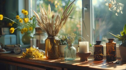 Cozy windowsill setup with dried flowers and vintage glass bottles. Home decor and tranquil atmosphere concept. Design for interior decoration, lifestyle blogs, and natural light photography.