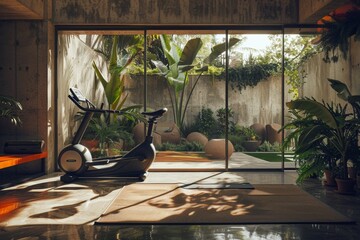 Modern home gym with exercise bike in a garden room. Wellness and healthy lifestyle concept. Design for fitness, home workout, and biophilic interior themes. Natural light and lush greenery setting