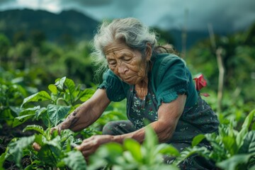 Elderly woman tending to garden plants in a rural setting. Sustainable agriculture and traditional farming concept. Design for environmental education, organic farming, and senior activity.