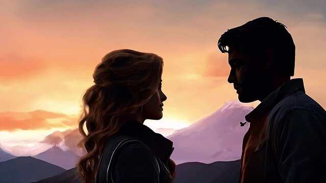 4K video animation of Lovers man and girl against background mountain natural landscape and horizon. Concept date Valentine's Day, first kiss and love, forever together.