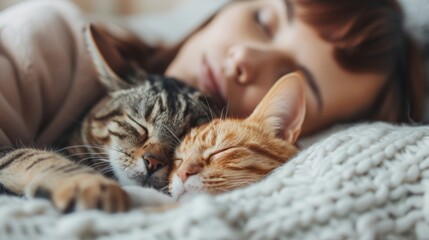 Woman and cats sleeping together on a knitted blanket. Home comfort and pet bonding concept. Design for animal care, peaceful living, and companionship. Close-up with a cozy, warm atmosphere