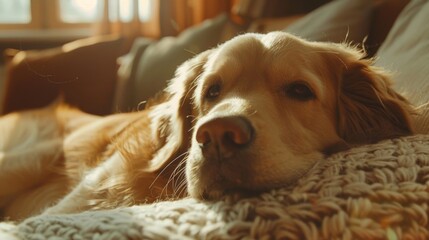Relaxed golden retriever lying on a couch in sunlit room. Home comfort and serene pet environment concept. Design for pet care, peaceful living, and animal wellness
