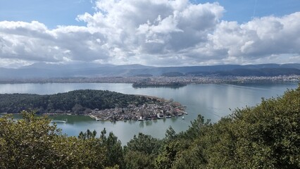 ioannina city greece in spring sunny day, lake pamvotis