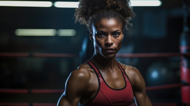 A strong African American woman stands confidently in a boxing ring, striking a pose for a photograph.