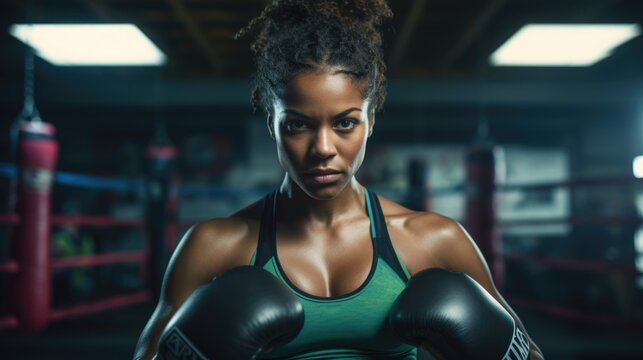 An African American woman stands confidently in a boxing ring, wearing boxing gloves. - Powered by Adobe