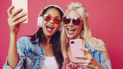 Interracial young women take a joyful selfie against a vivid pink background, celebrating their friendship and diversity.