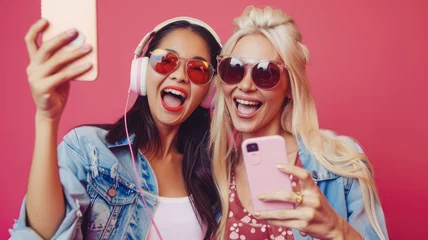 Fotobehang Interracial young women take a joyful selfie against a vivid pink background, celebrating their friendship and diversity. © mimi