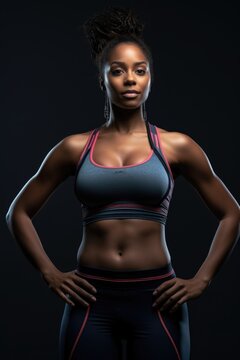 An African American woman confidently donning a sports bra top and leggings, engaged in a fitness workout.