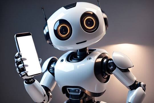 3D realistic cute robot demonstrates the smartphone screen to the camera. Phone mockup and placeholder are ready and easy to use. 