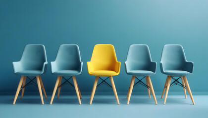 A yellow chair standing out from the crowd of chairs against a blue studio background.