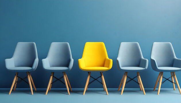 A yellow chair standing out from the crowd of chairs against a blue studio background.
