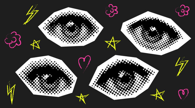 Set of trendy halftone collage sticker. Retro halftone elements with eyes and doodle. Vintage vector set. Template for banner, poster, card.