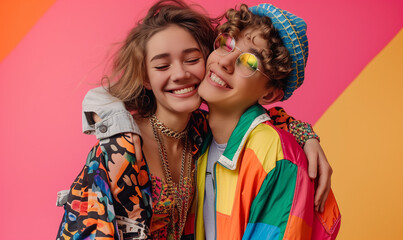 Portrait capturing the joy and bond between two best friends, teenagers, dressed in trendy and colorful outfits.