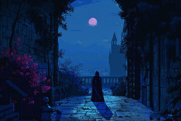 8-bit Vampire Knight Pixelated Castle Soft Moonlight A Shadowy Figure Stalking the Halls - obrazy, fototapety, plakaty