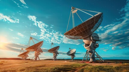 Large satellite dishes or radio telescopes aimed skyward in a field during a colorful sunset, suggesting exploration