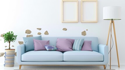 Cozy bright interior in the style of a modern living room with a sofa and a lamp on a white wall background 3