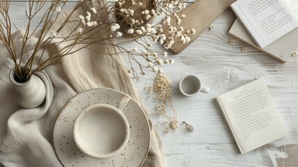 Dried flowers in a ceramic vase on a wooden table with a sheer curtain backdrop. Serene home decor concept. Design for interior design magazine, zen lifestyle blog