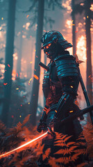 Cybernetic samurai wide-angle shot retro anime enchanted forest clearing golden hour a sense of wonder